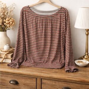 LOFT Red and Black Geometric Print Long-Sleeve Blouse